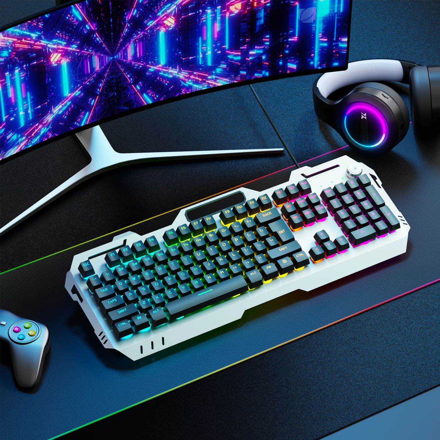 EWEADN Silent Gaming Keyboard, 104 Keys LED Backlit, All-Metal Panel USB Wired, Multimedia Knob, Office, Home, Laptop/Desktop