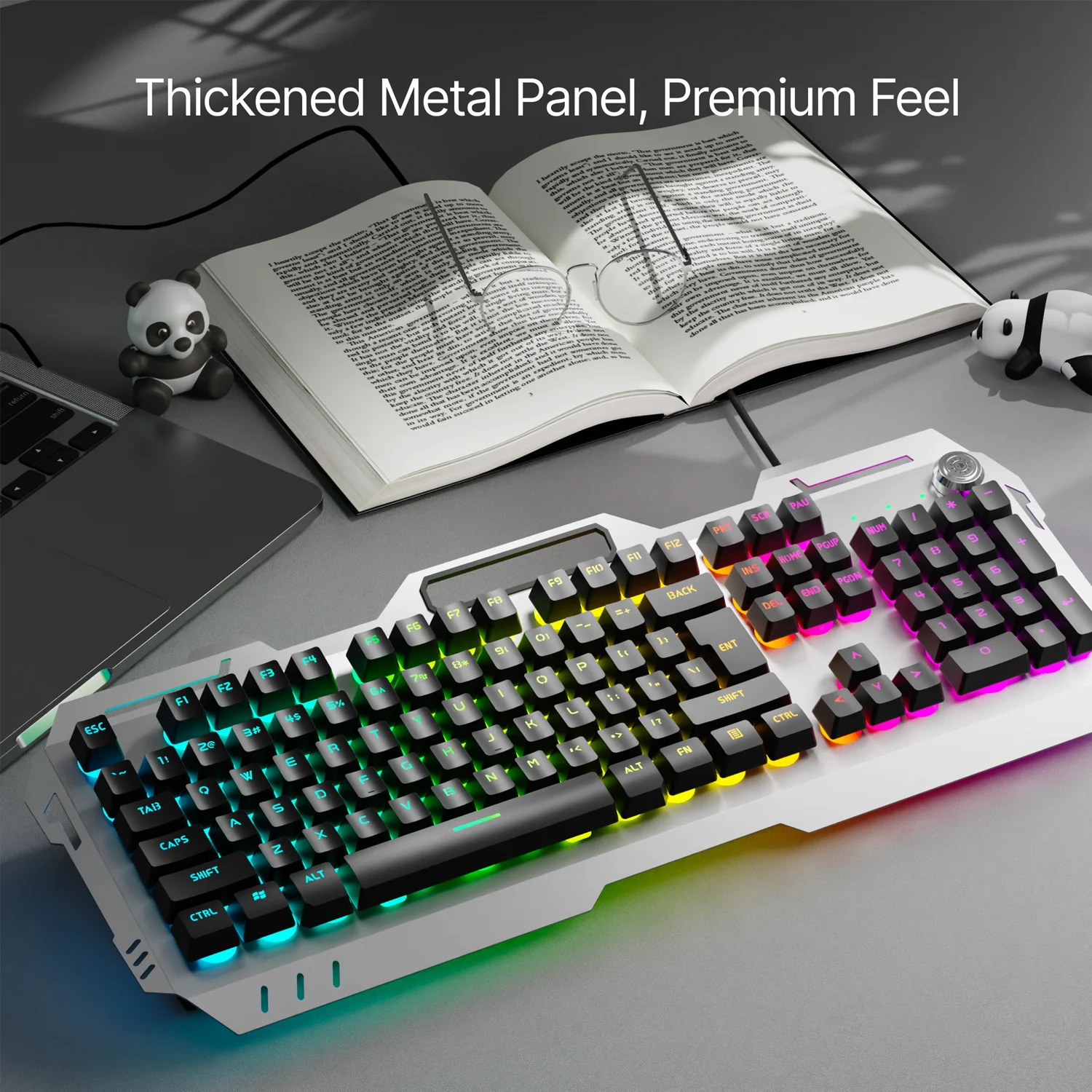 EWEADN Silent Gaming Keyboard, 104 Keys LED Backlit, All-Metal Panel USB Wired, Multimedia Knob, Office, Home, Laptop/Desktop