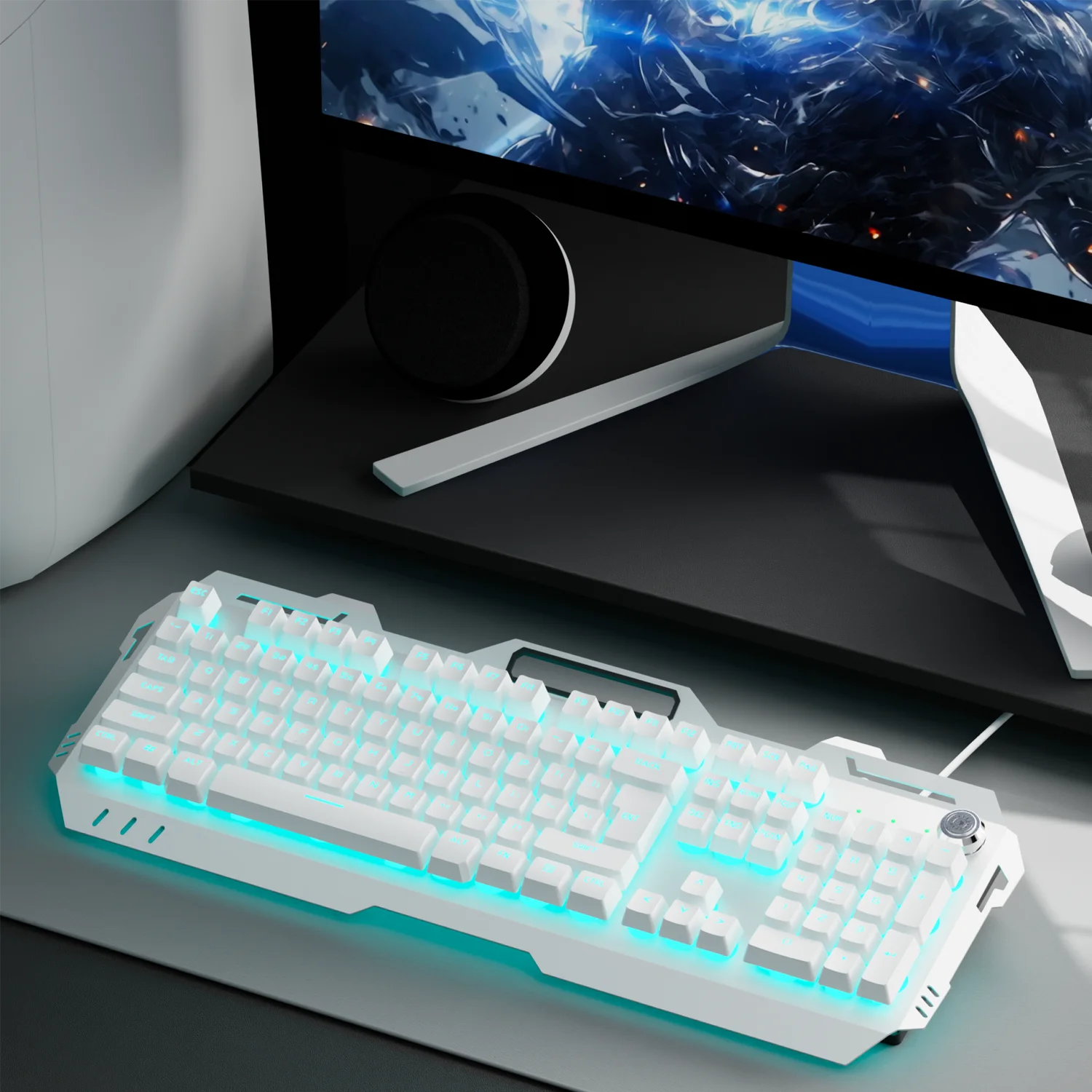 EWEADN Silent Gaming Keyboard, 104 Keys LED Backlit, All-Metal Panel USB Wired, Multimedia Knob, Office, Home, Laptop/Desktop