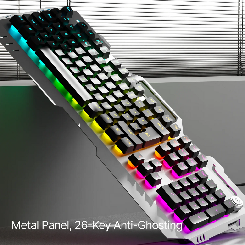 EWEADN Silent Gaming Keyboard, 104 Keys LED Backlit, All-Metal Panel USB Wired, Multimedia Knob, Office, Home, Laptop/Desktop
