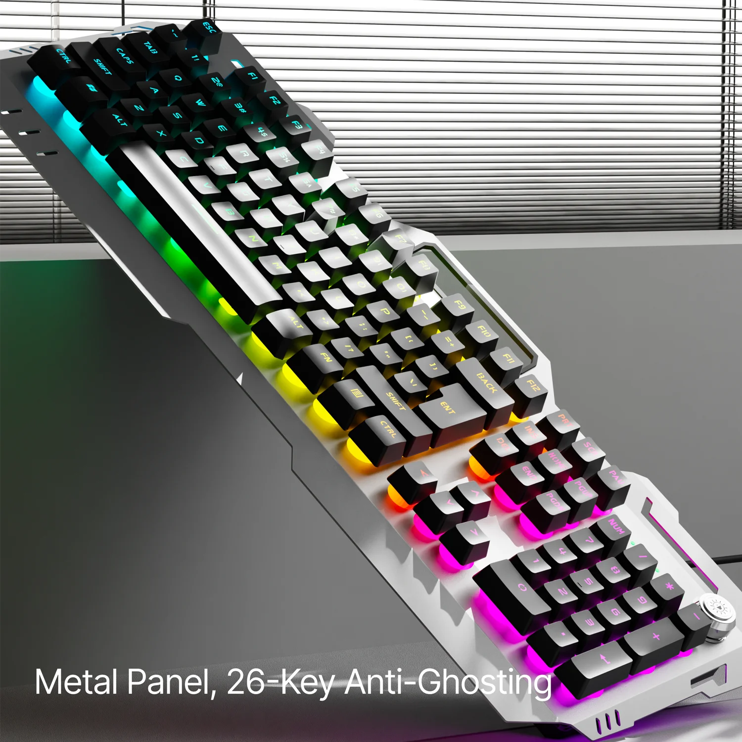 EWEADN Silent Gaming Keyboard, 104 Keys LED Backlit, All-Metal Panel USB Wired, Multimedia Knob, Office, Home, Laptop/Desktop