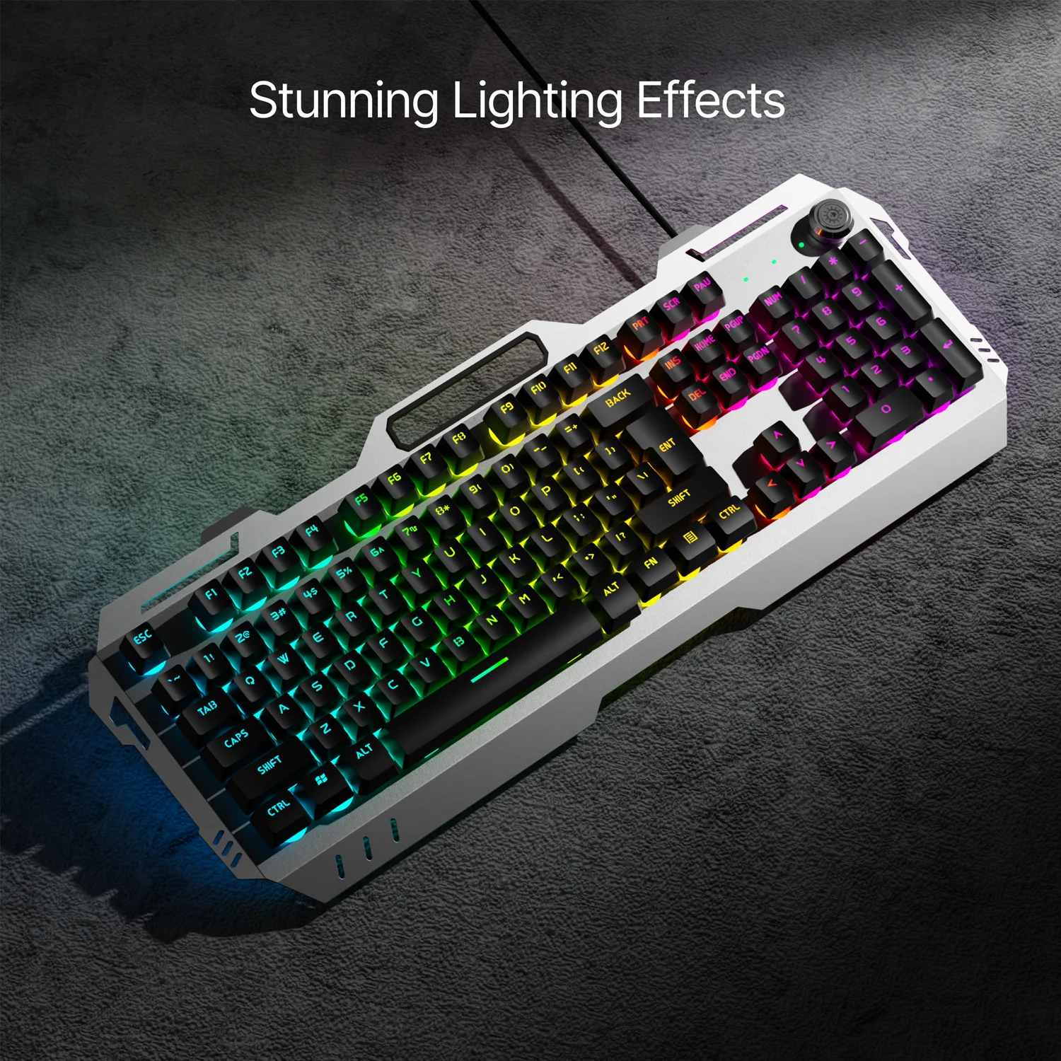 EWEADN Silent Gaming Keyboard, 104 Keys LED Backlit, All-Metal Panel USB Wired, Multimedia Knob, Office, Home, Laptop/Desktop