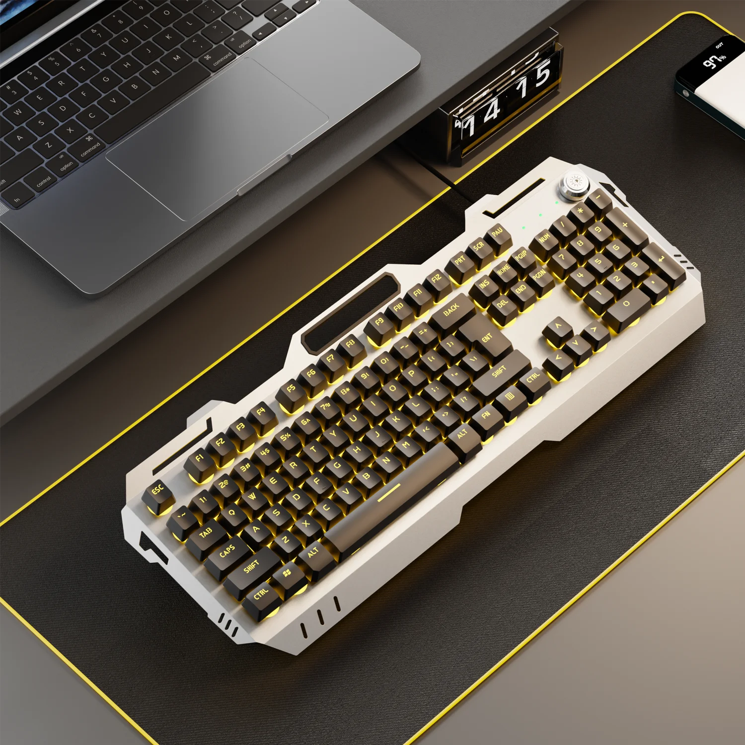 EWEADN Silent Gaming Keyboard, 104 Keys LED Backlit, All-Metal Panel USB Wired, Multimedia Knob, Office, Home, Laptop/Desktop