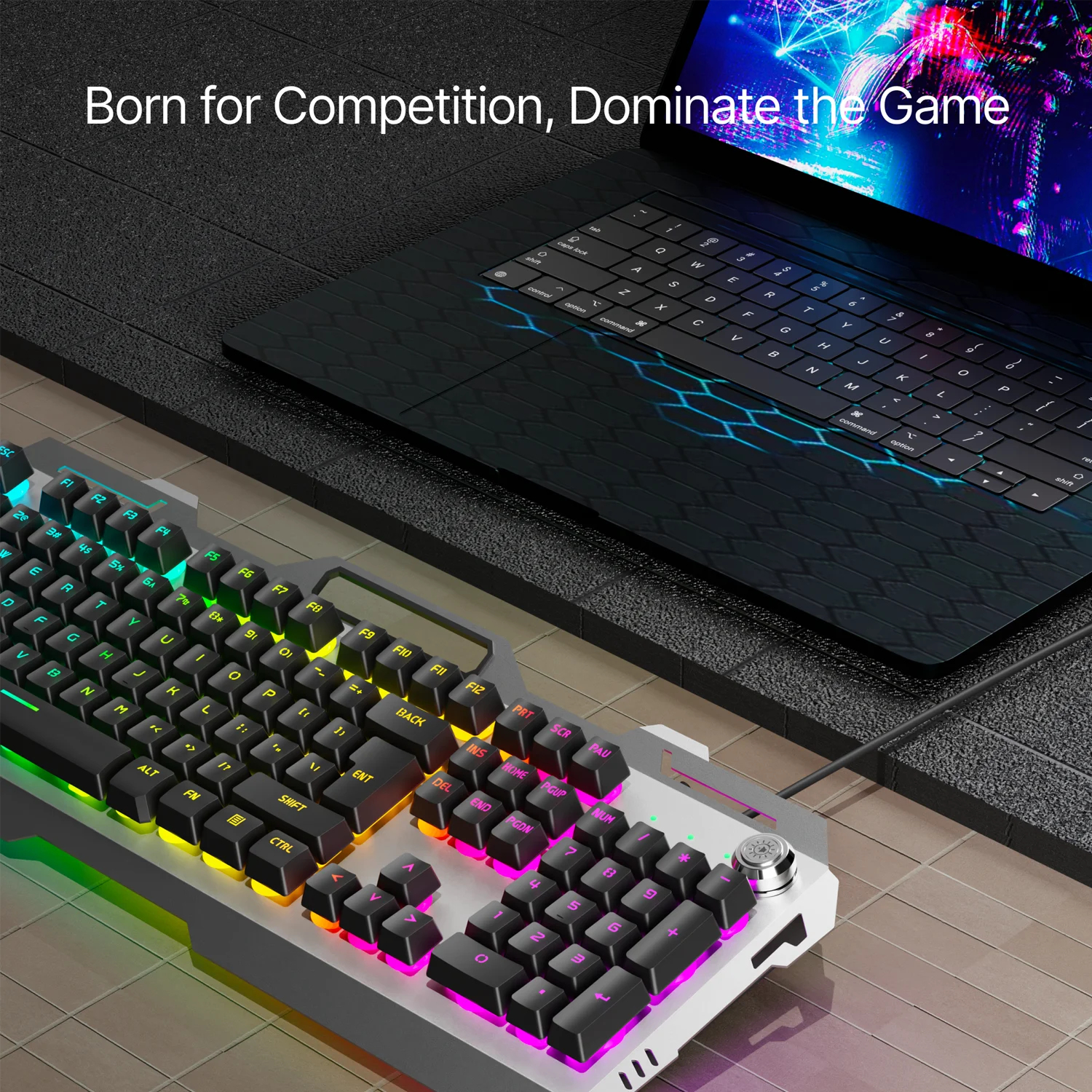 EWEADN Silent Gaming Keyboard, 104 Keys LED Backlit, All-Metal Panel USB Wired, Multimedia Knob, Office, Home, Laptop/Desktop